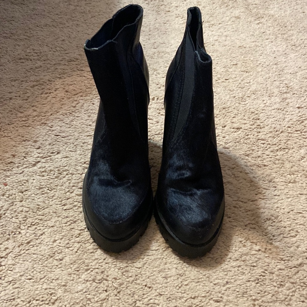 Sol Sana Black Leather and Horse Hair Heeled Booties